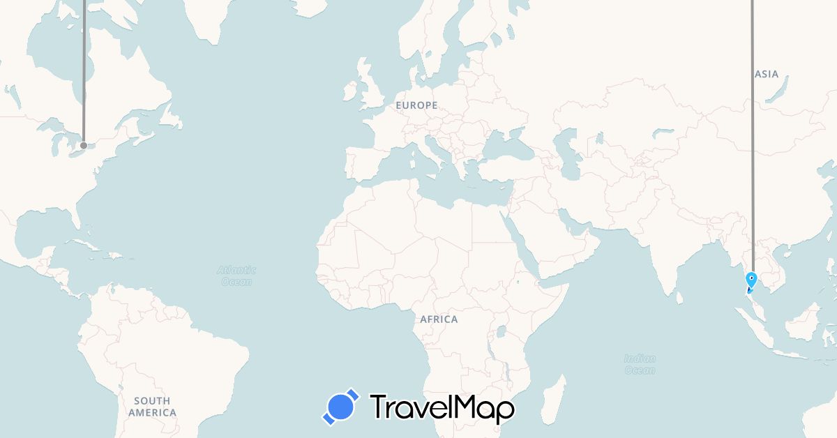 TravelMap itinerary: driving, plane, boat in Canada, Thailand (Asia, North America)